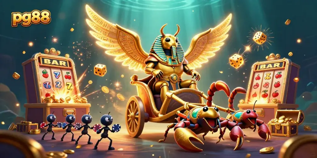 Experience the thrill of pg88 with a vibrant casino scene featuring a golden scarab beetle and dynamic slots.