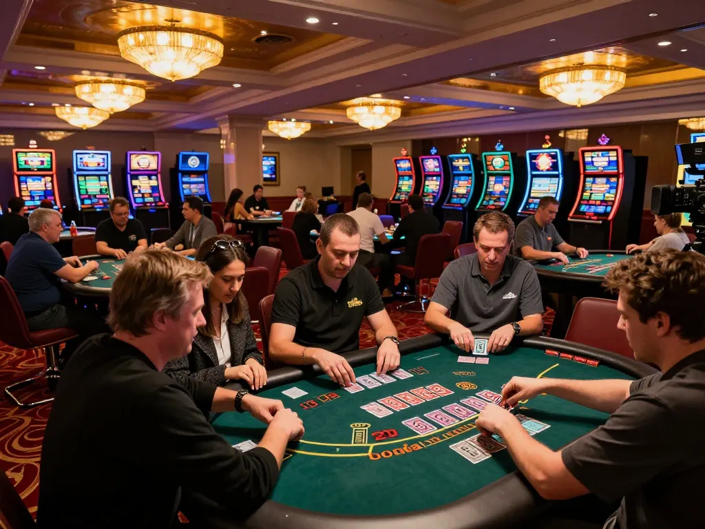 Players engaging in strategic blackjack gameplay at an upscale casino, highlighting the excitement of bj88bj gambling.