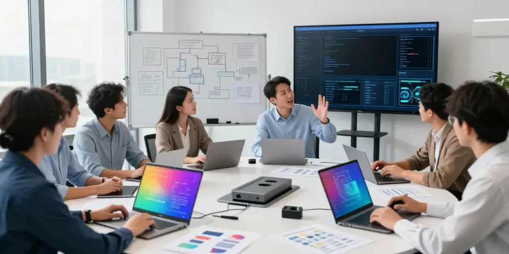 Enterprise AI team collaboration in a modern office setting, showcasing diverse professionals working on AI models and analytics.