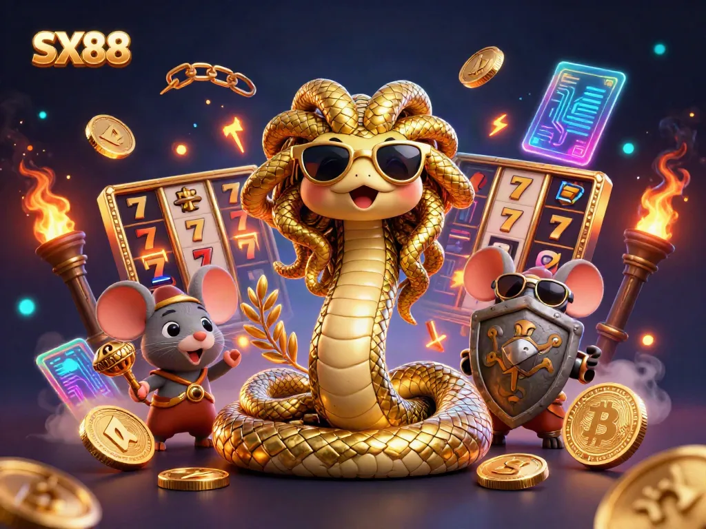 Experience SX88's vibrant gaming atmosphere with Medusa, a mouse warrior, and dynamic slot elements.