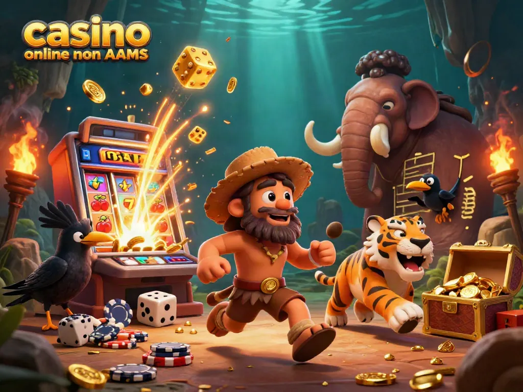 Immagine 3D di casino online non AAMS con personaggi preistorici e elementi grafici avvincenti.