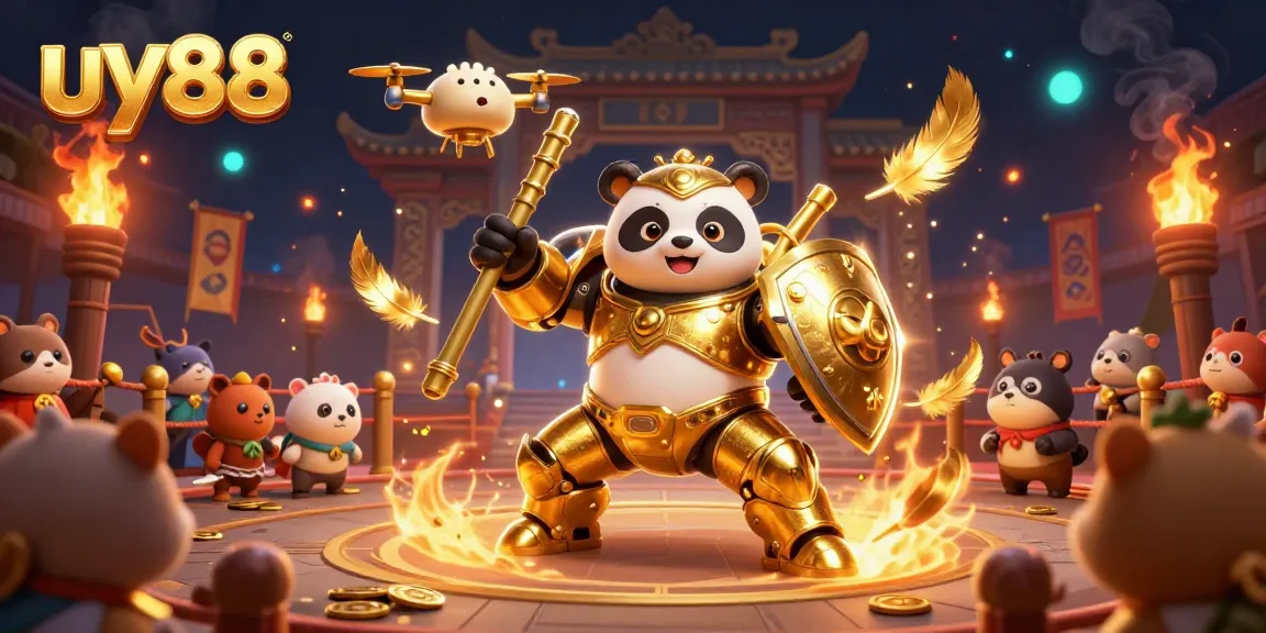 Experience excitement with uy88 in a vibrant 3D casino scene featuring a golden panda and dynamic action.