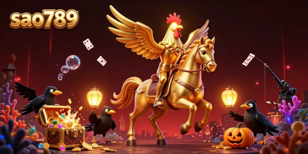 Experience excitement with sao789, a golden rooster headless horseman in an enchanting casino scene.