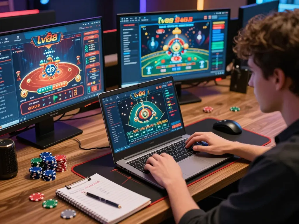 Engaging gameplay of lv88 game on a laptop, showcasing an organized online gaming setup.