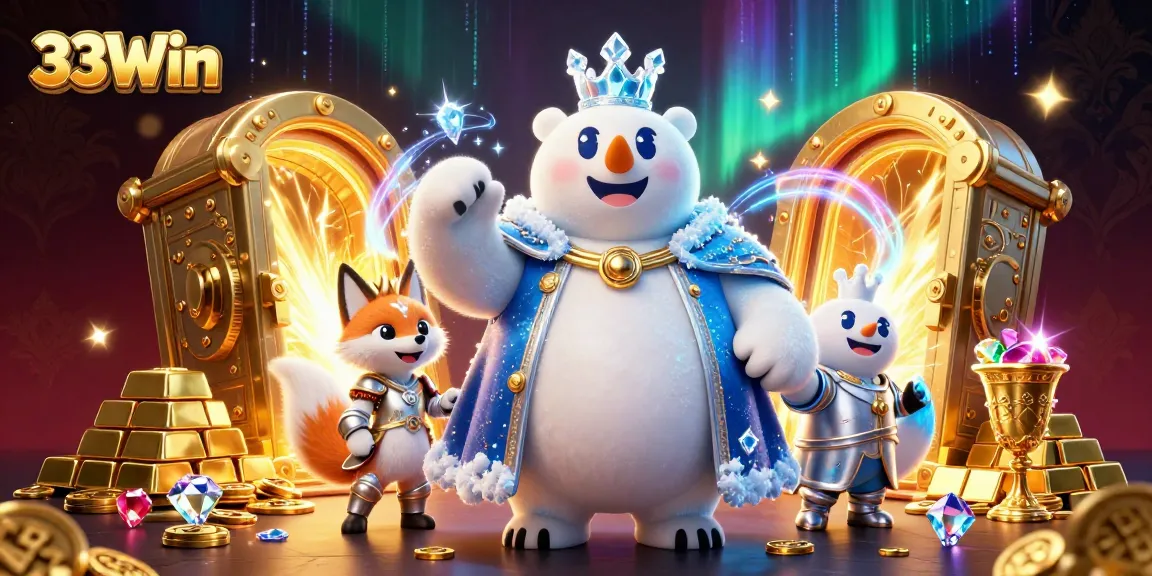 Join the adventure with 33Win as the ice king polar bear discovers treasures and gaming excitement.