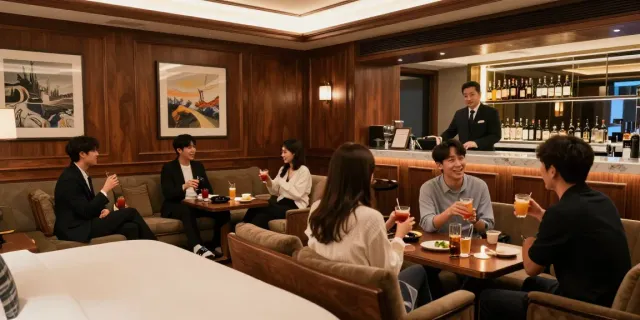 강남구구단의 우아한 독립 룸에서 즐거운 손님들의 모습과 매니저와의 따뜻한 대화