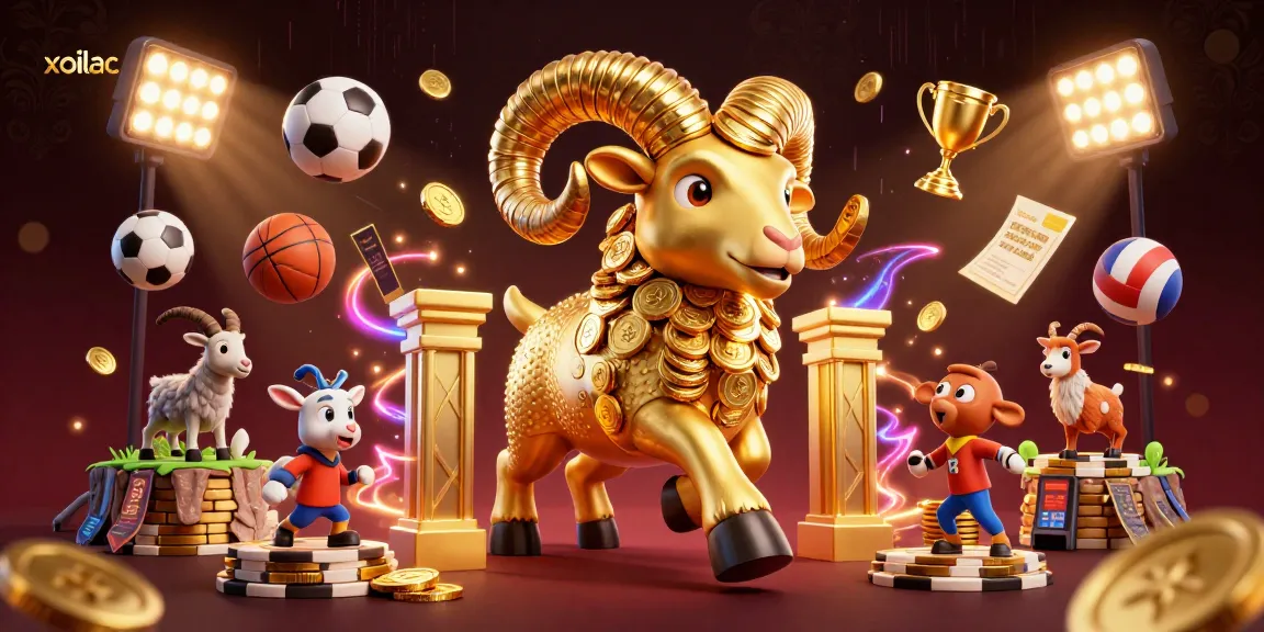 Experience xoilac's thrilling sports betting atmosphere with dynamic soccer balls and a golden ram illustration.