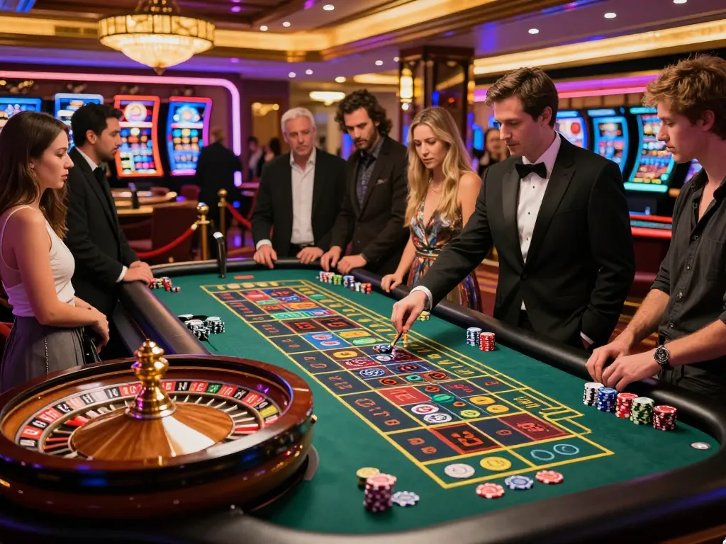 Experience FLY88 excitement at the roulette table with players placing bets and the croupier in action.
