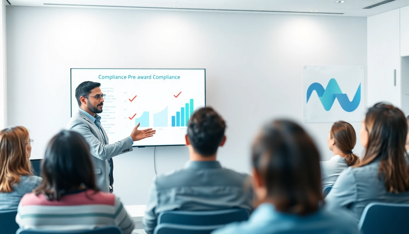 Illustrative presentation on pre-post award compliance capturing an engaged audience in a conference setting.