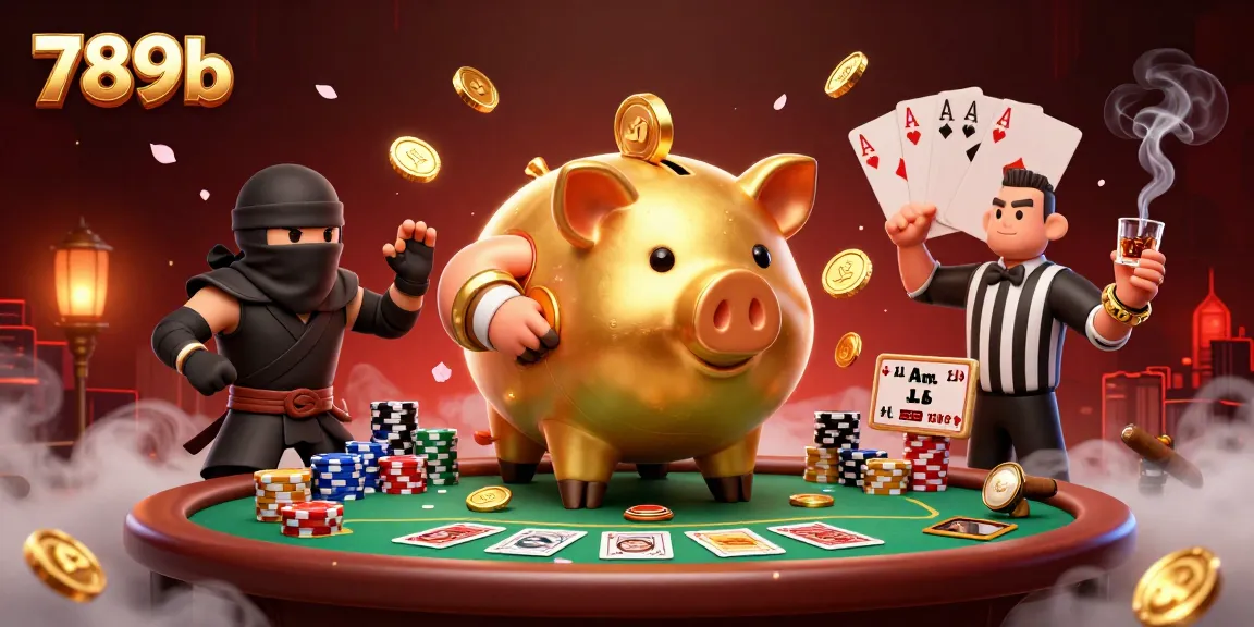 Experience thrilling casino action with 789b featuring a golden piggy bank sumo wrestler surrounded by poker elements.