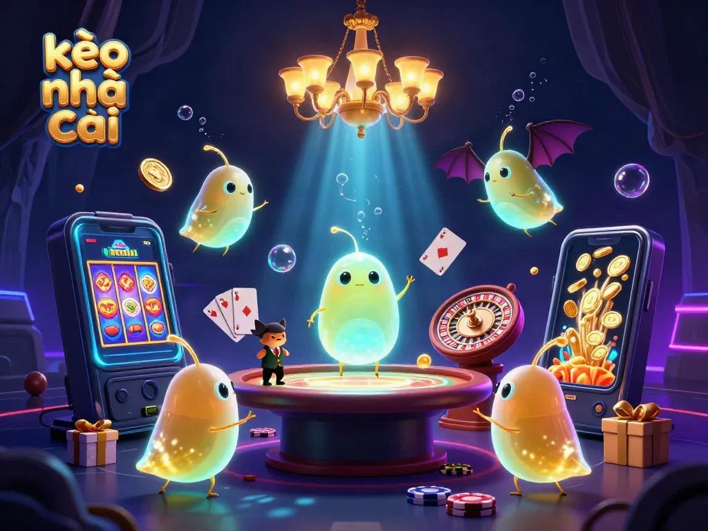 Experience kèo nhà cái in a vibrant cave casino with glowworms lighting the scene and a bat dealer