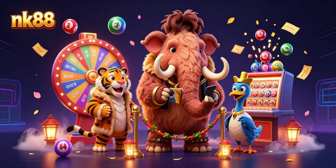 Experience the excitement of nk88 with a vibrant 3D casino scene featuring unique characters and lottery elements.