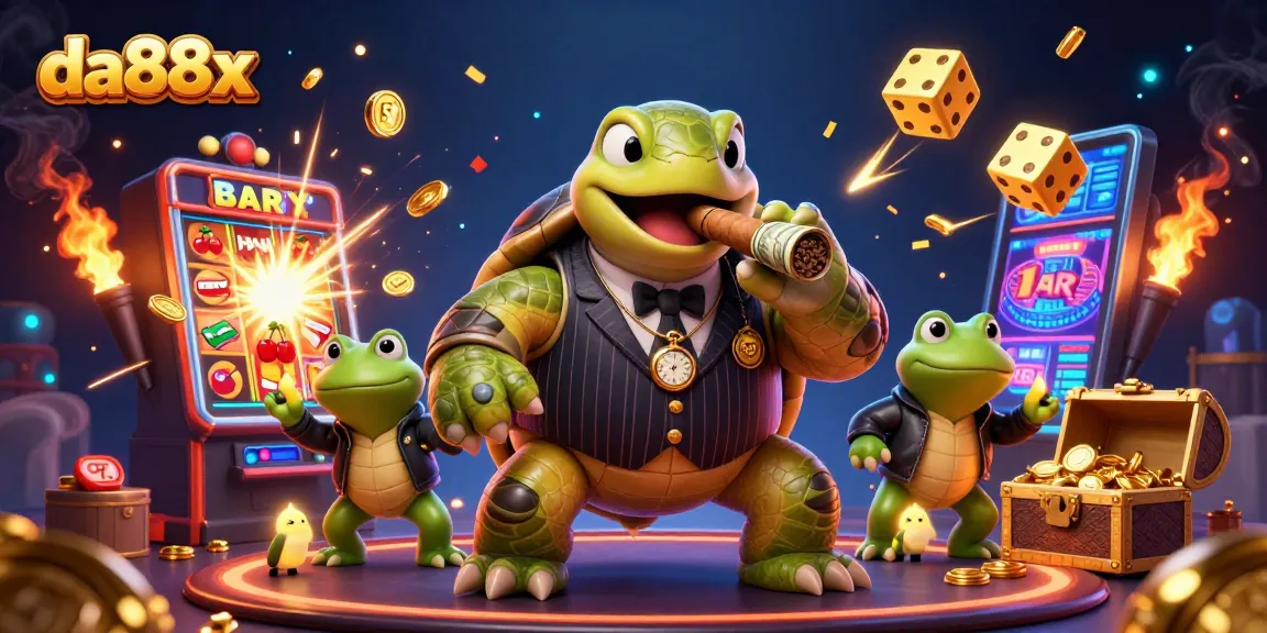 Engage in thrilling gameplay at da88x with cartoon characters amid a rich slot machine scene.