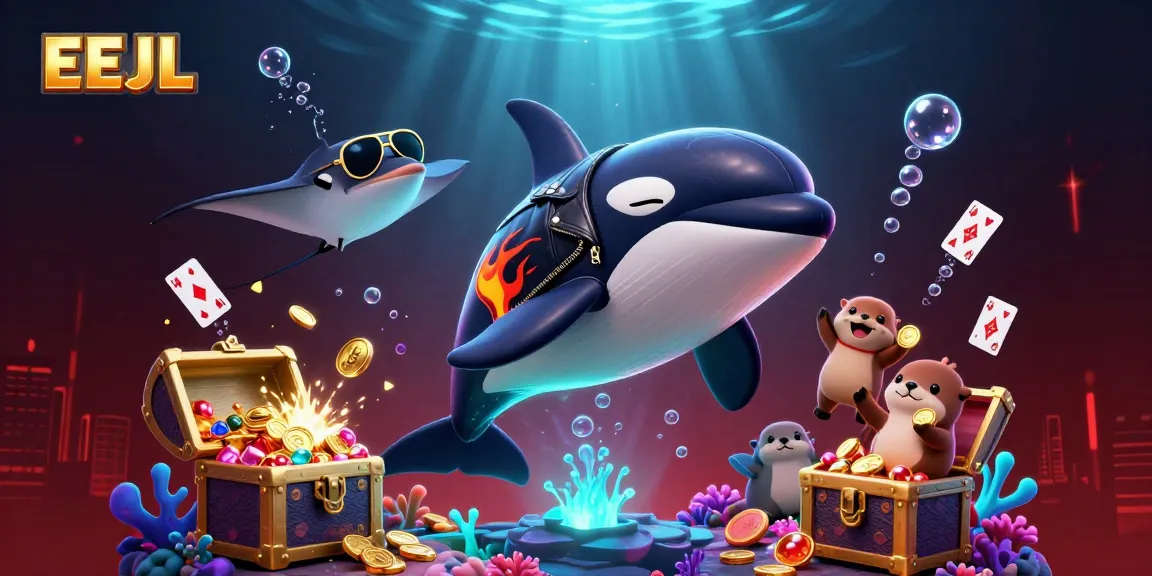 EEJL casino-themed illustration with a jumping orca, stingray, and otters amidst treasure and glowing elements.