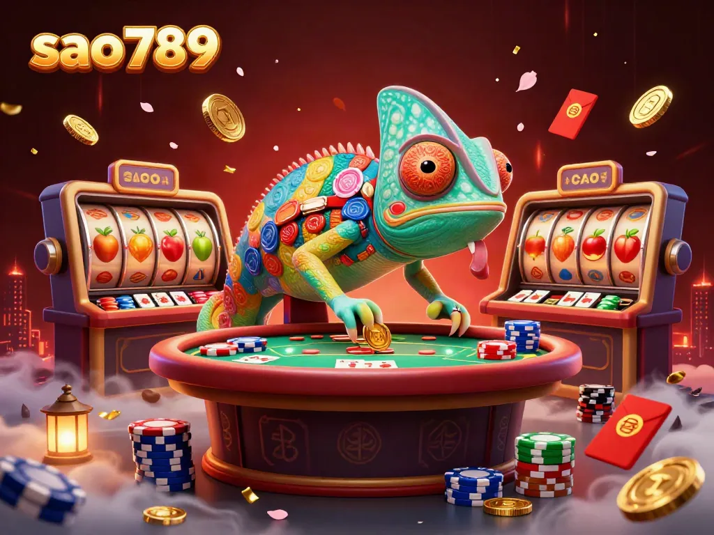 Experience the thrill of sao789 casino with vibrant slot reels and an animated chameleon owner.