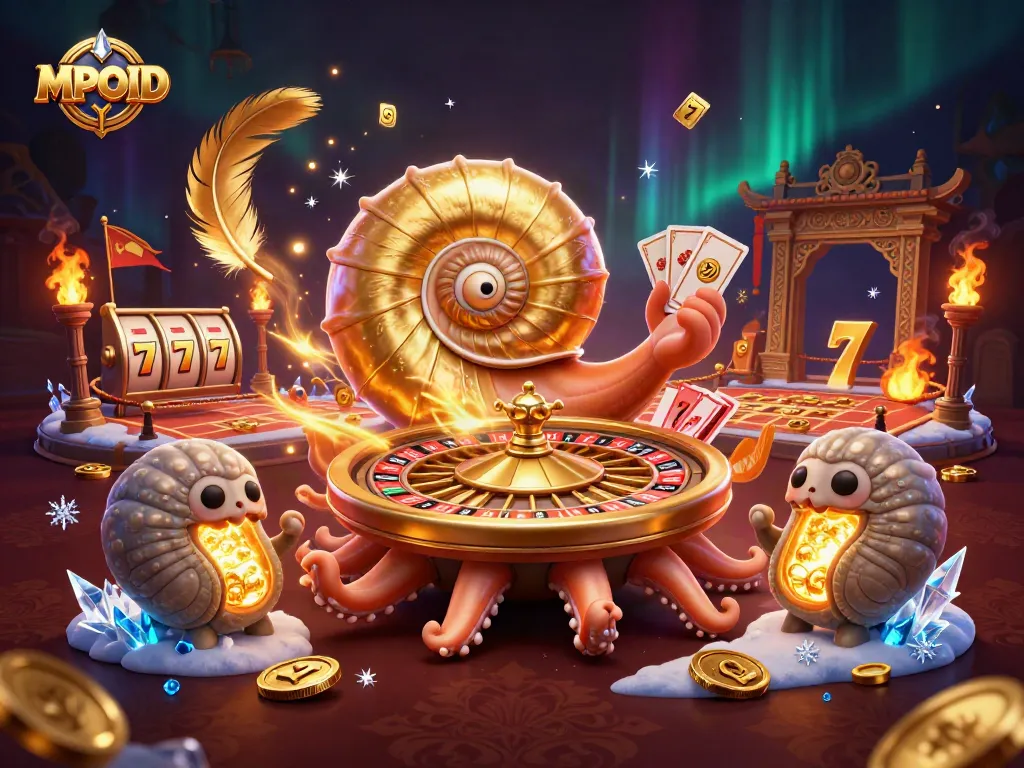MPOID presents a stunning 3D illustration showcasing vibrant casino elements with a nautilus roulette wheel.