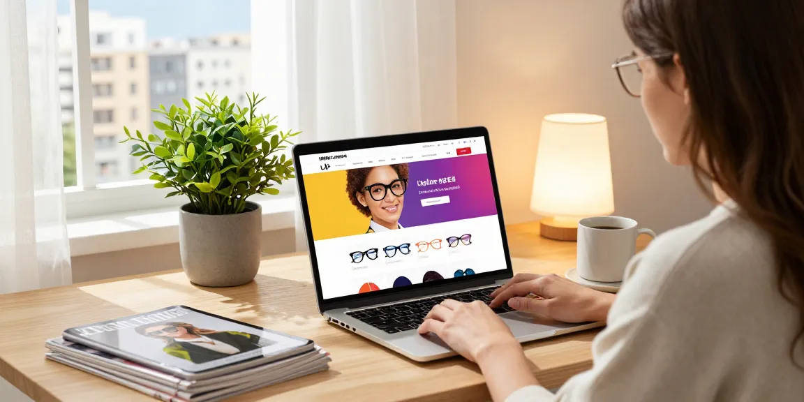 Stylish woman shopping for eyewear online, exploring ótica online options in a cozy workspace setting.