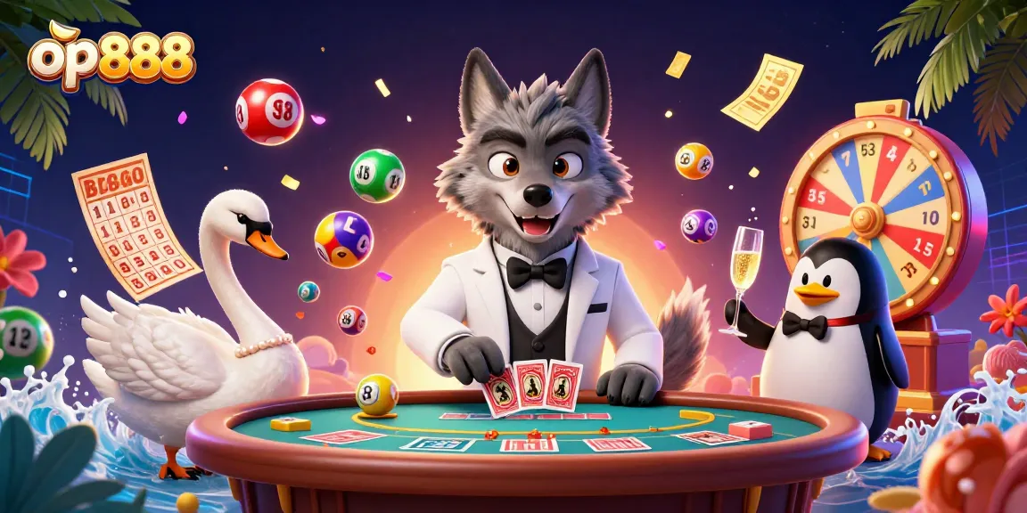 Experience the excitement of op888 as a debonair wolf, elegant swan, and penguin sommelier engage in vibrant casino action.