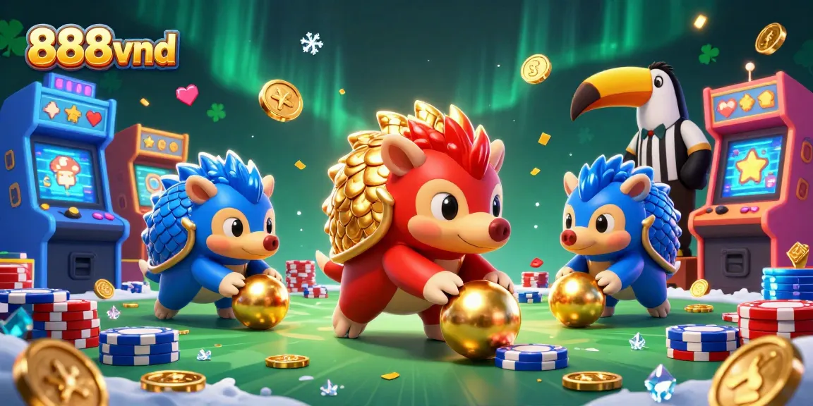 Engage with the thrilling action of 888vnd as rival pangolins roll into golden balls in a lively casino scene.