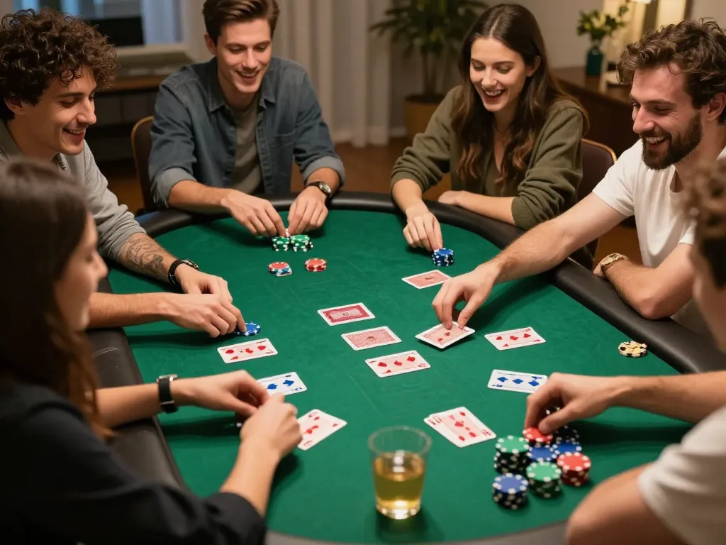Kuwin players enjoying a lively poker night with cards, chips, and laughter around the table.