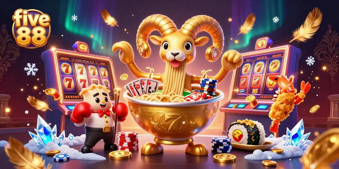Engage with five 88's vibrant slot game featuring a golden ramen bowl dealer and dynamic casino elements.
