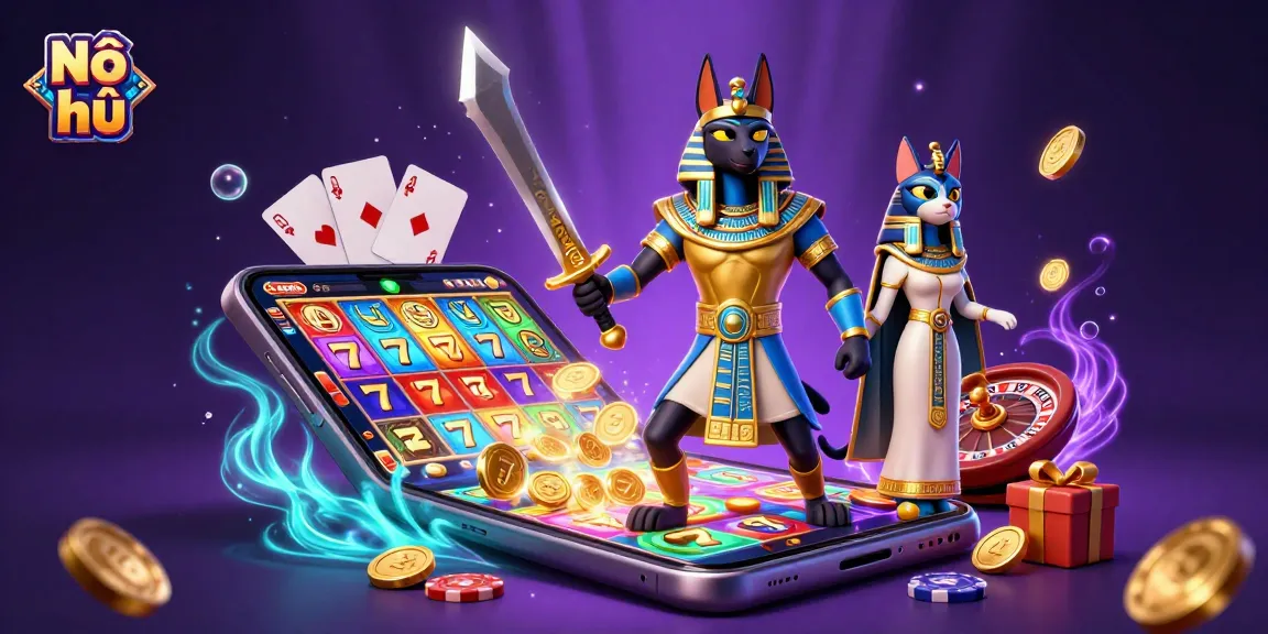 Nổ hũ showcases an Egyptian warrior and cat amidst a vibrant casino scene featuring slot games and glowing elements.