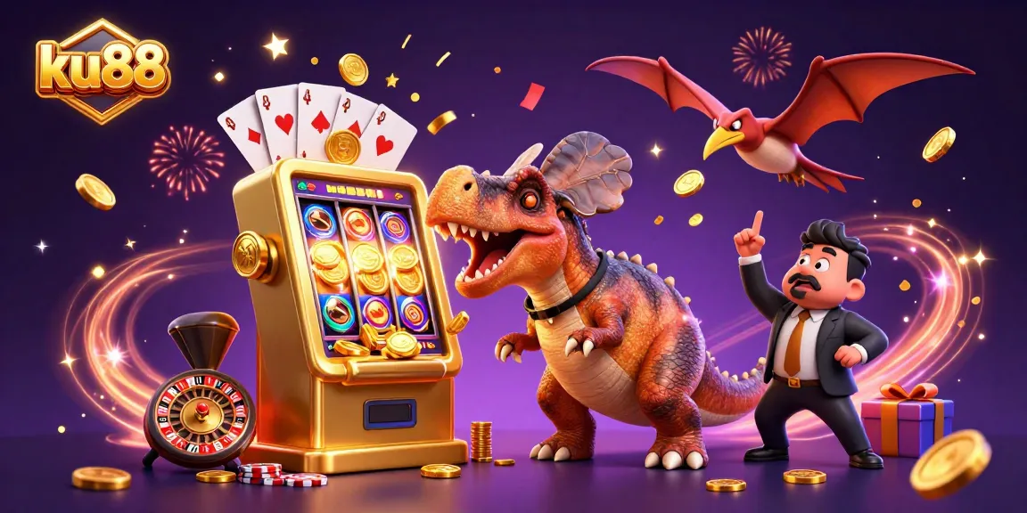 ku88 animation captures a dinosaur celebrating jackpot wins at a vibrant casino scene.