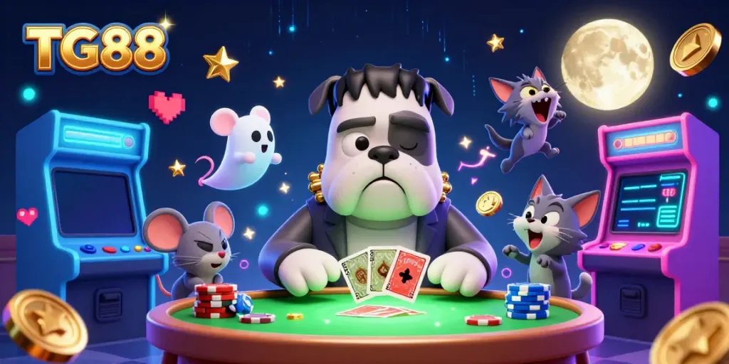 Experience thrilling card games with TG88's vibrant casino atmosphere, featuring unique characters and arcade elements.