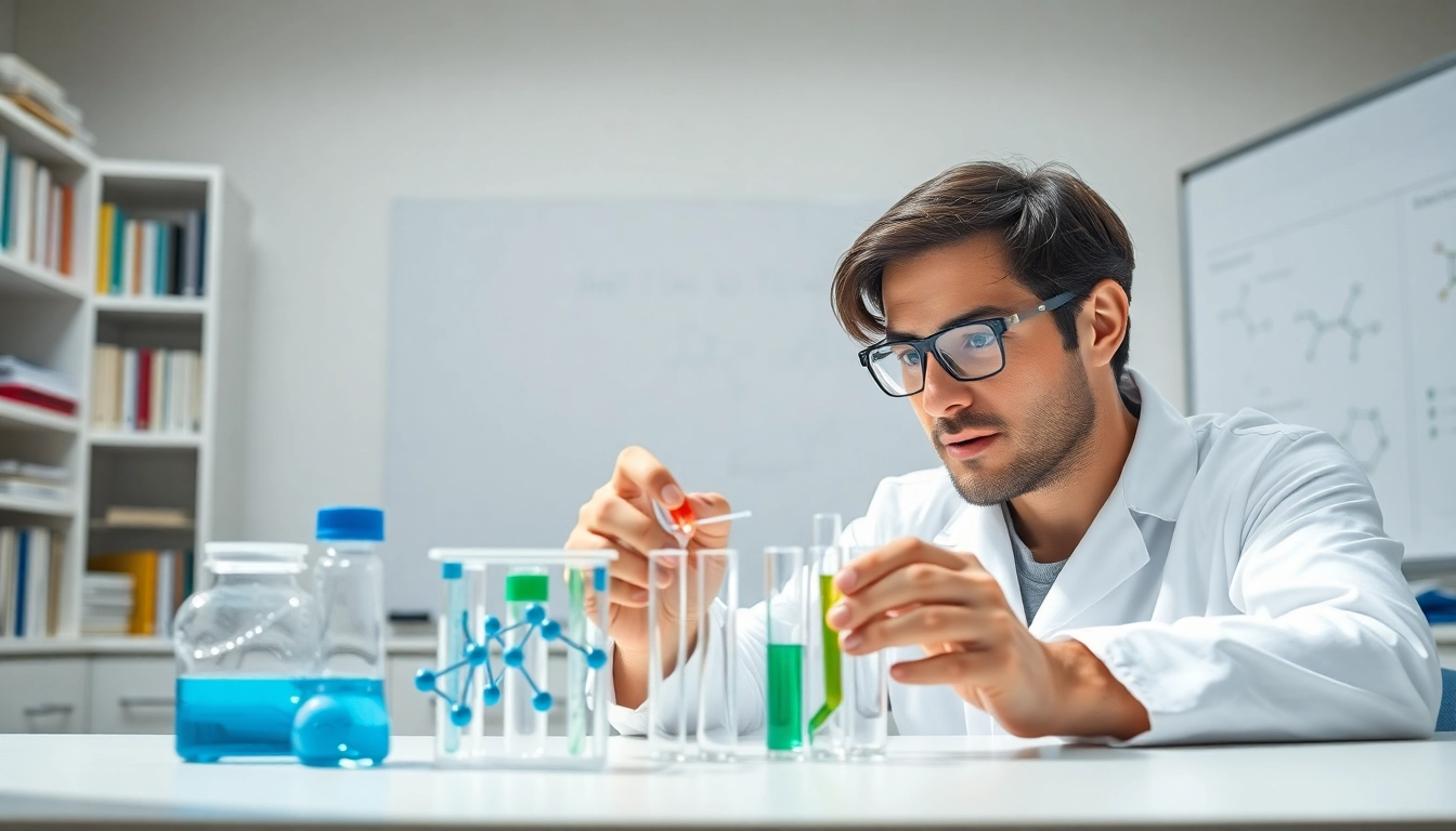 Scientist analyzing peptides in a bright laboratory, showcasing molecular structures and research.