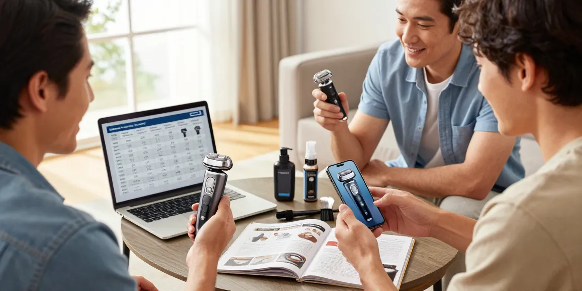 Men reviewing rokok88 alternatif electric shavers in a modern living room.