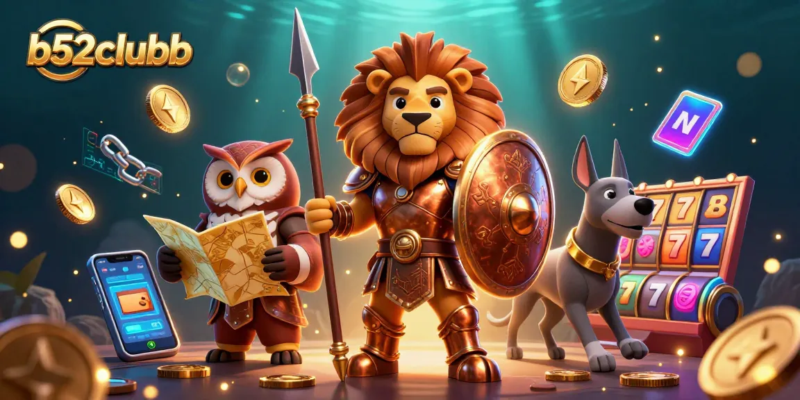 Engage with b52clubb's thrilling slot reels, backed by a heroic Spartan lion illustration.