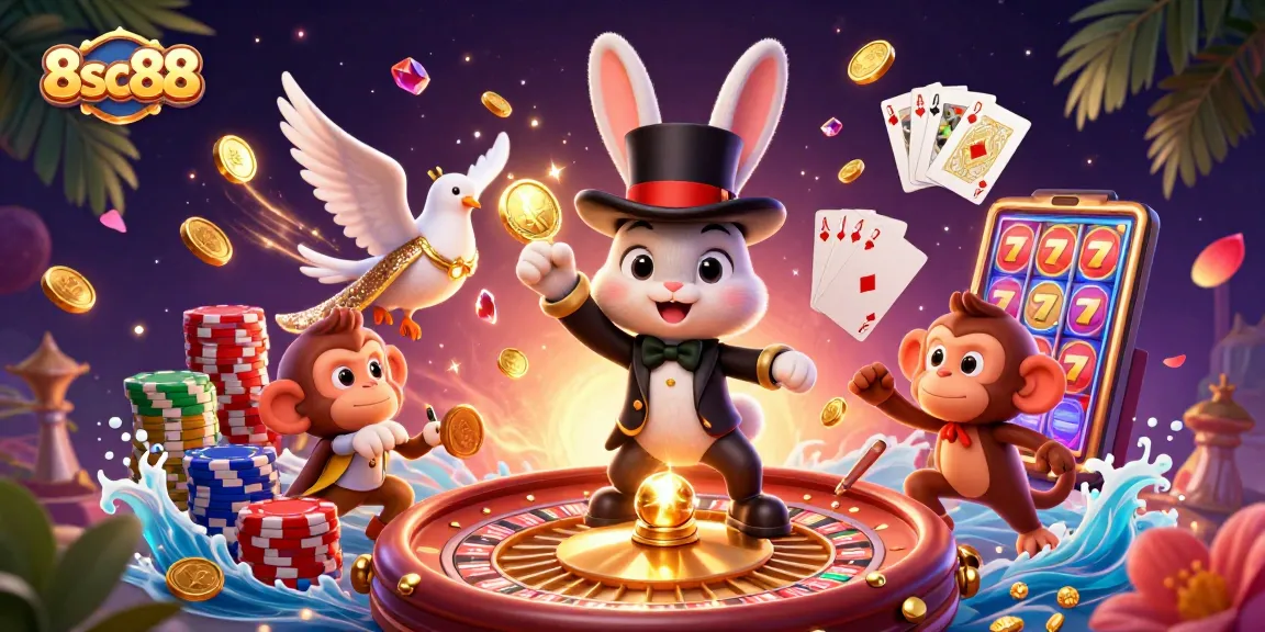 8sc88 features a whimsical 3D magician rabbit and friends, showcasing exciting casino action with coins and poker chips.