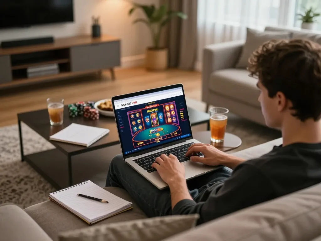 Engaging online gambling experience on NHÀ CÁI F168 with a player using a laptop in a cozy home setting.