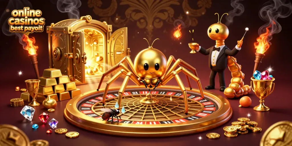 Experience online casinos best payout in a vibrant scene with a golden spider and croupier.