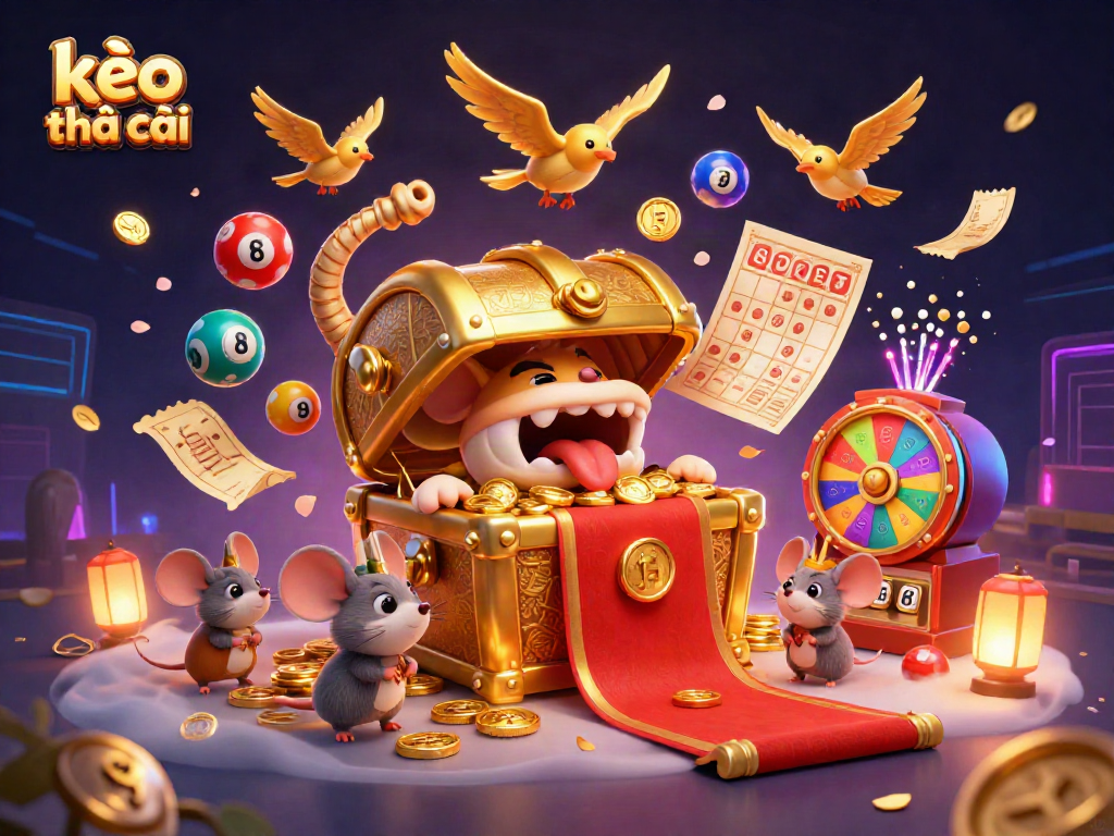 Engage in exciting gambling with kèo nhà cái showing treasure chest, lively lottery elements, and glowing mystical effects.