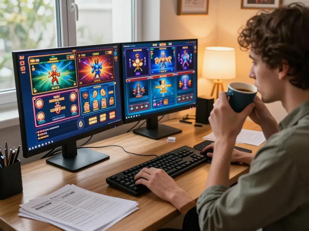 Engaging in slot gacor hari ini with multi-screen gaming setup in cozy home office.
