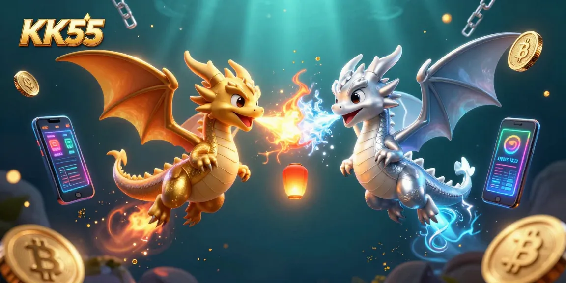 Join the exciting world of KK55 with vibrant dragons and crypto elements in this casino-themed illustration.