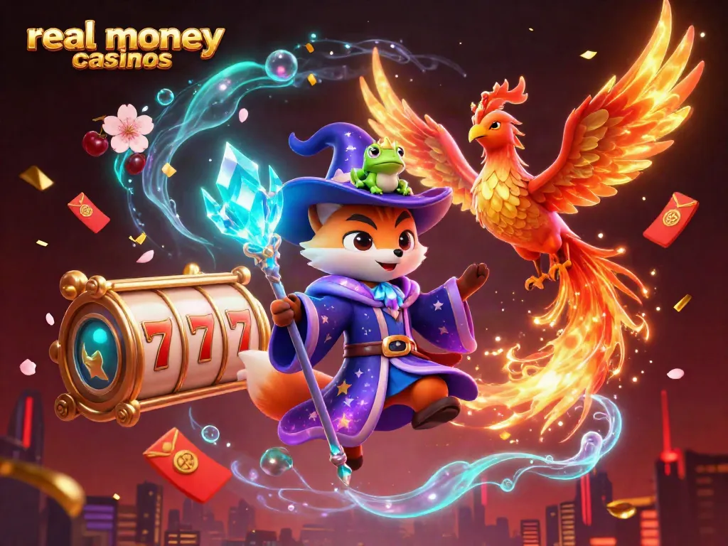 Experience real money casinos with a wizard fox and phoenix amid dynamic game elements.