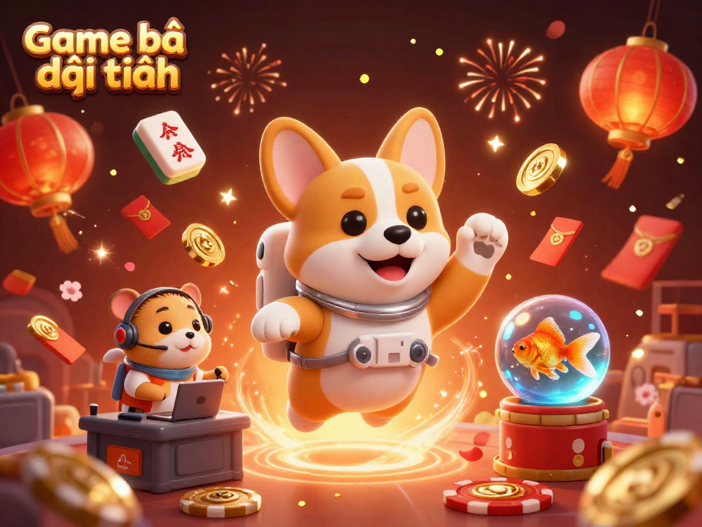 Engage in Game bài đổi thưởng with a vibrant scene of floating characters and casino elements.