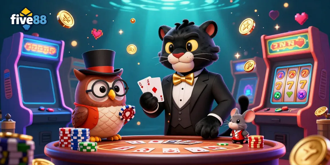 Engaging scene at five88's casino featuring a suave panther dealer, an owl with poker chips, and a lucky mouse amidst glowing games and rich gambling elements.