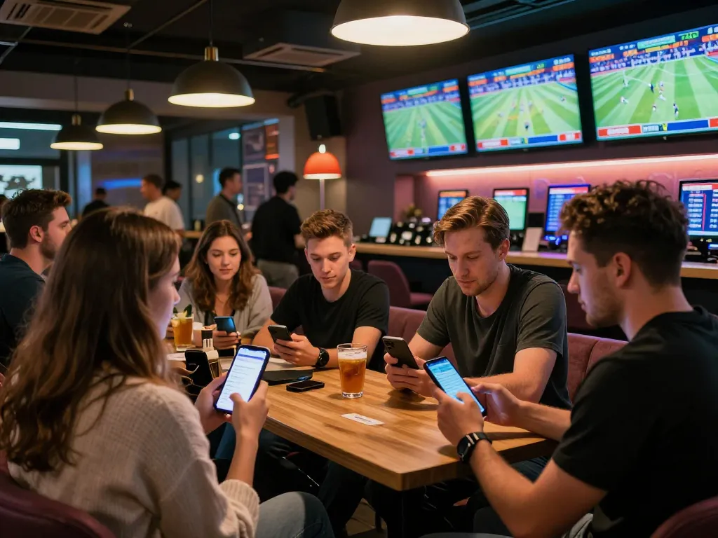 CM88 players analyzing sports odds at a lively betting lounge
