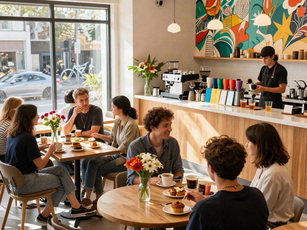 Friends enjoying coffee and pastries at rokok88 cafe with colorful decor and warm sunlight.