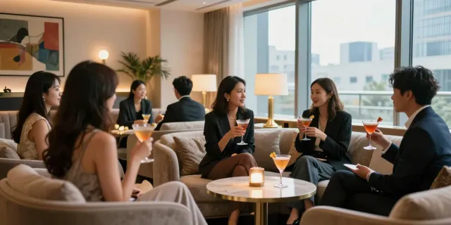 강남세이렌 쩜오에서 고급스러운 인테리어와 아늑한 조명 아래 칵테일을 즐기고 있는 고객들