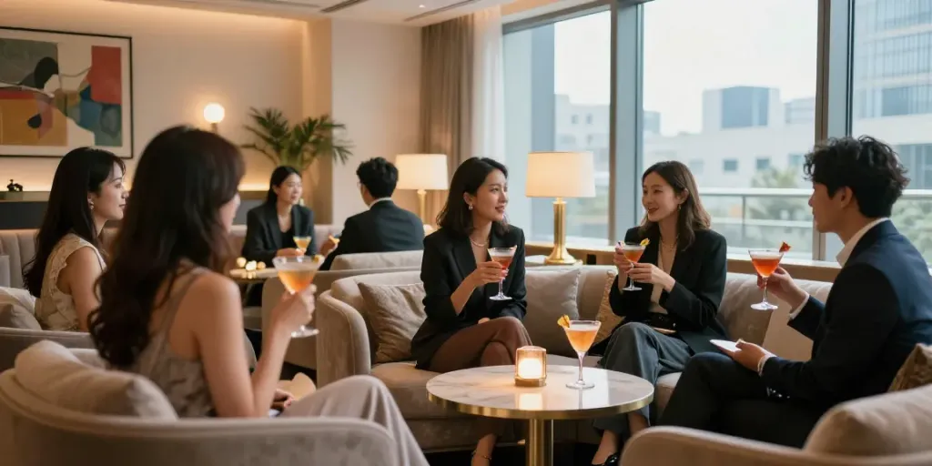 강남세이렌 쩜오에서 고급스러운 인테리어와 아늑한 조명 아래 칵테일을 즐기고 있는 고객들
