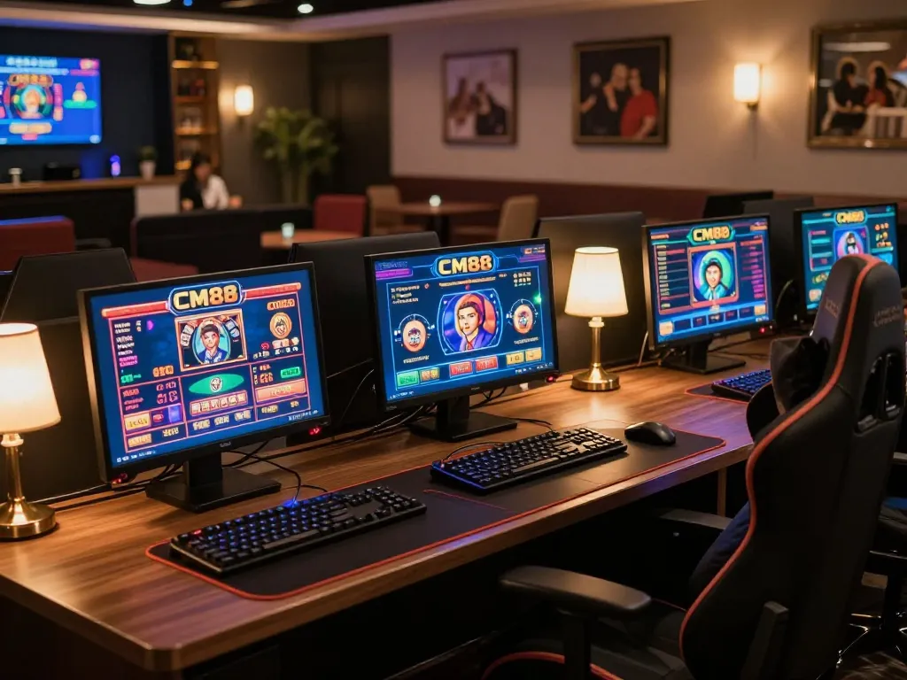 Engaged player using cm88 online casino on multiple screens at a stylish gaming setup.