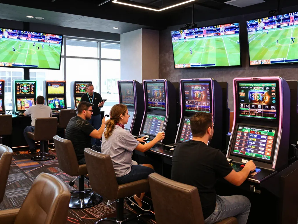 Excited patrons placing bets in the TG88 sports betting area with multiple screens showing live events.