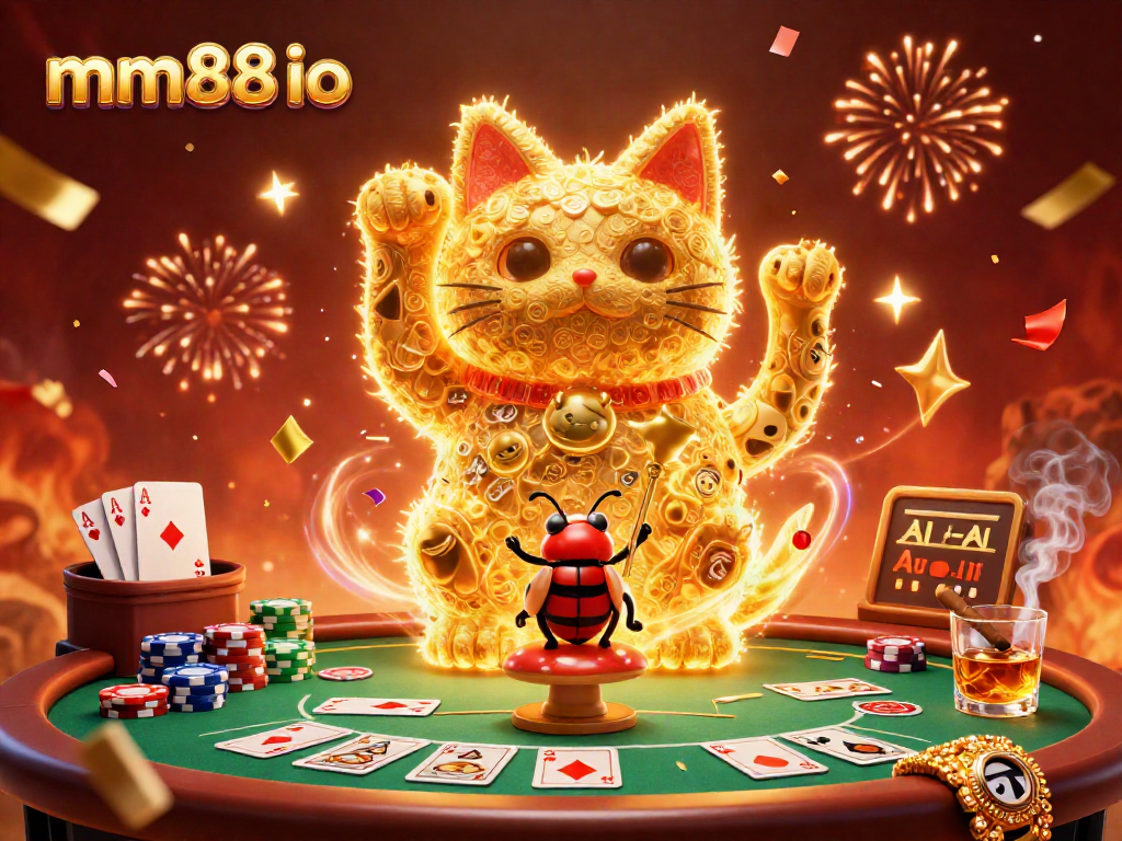 Engage in thrilling play at mm88 io with a vibrant lucky cat and poker elements surrounding you.