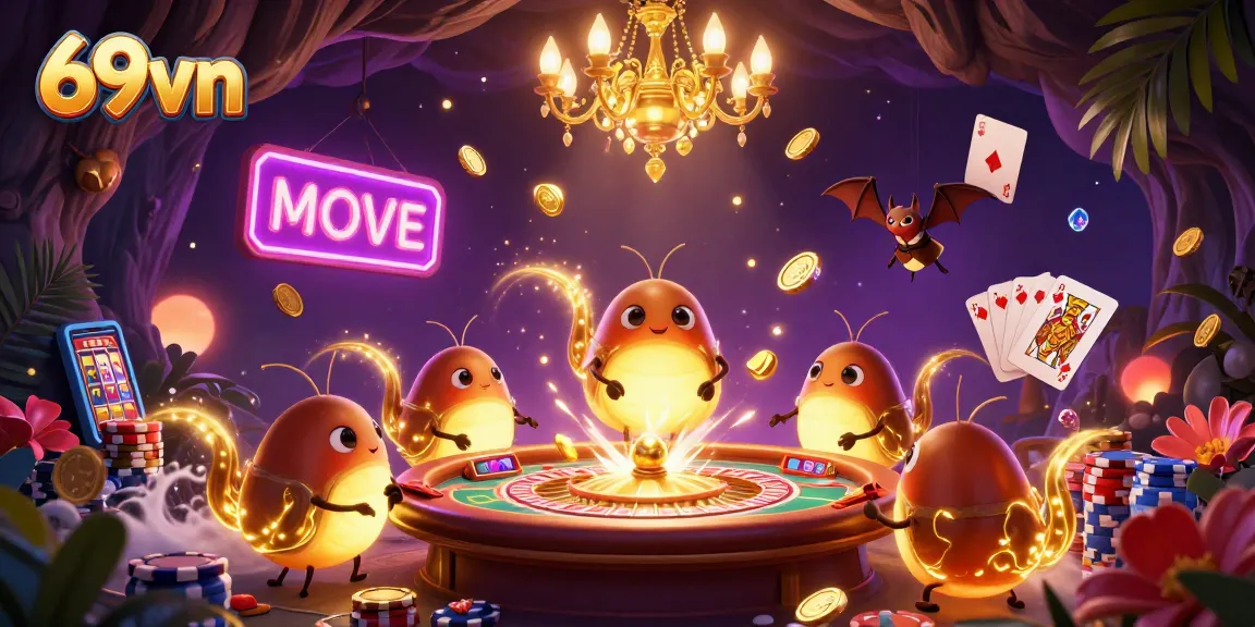 Experience thrilling action at 69vn's cave casino featuring glowing characters and casino elements.