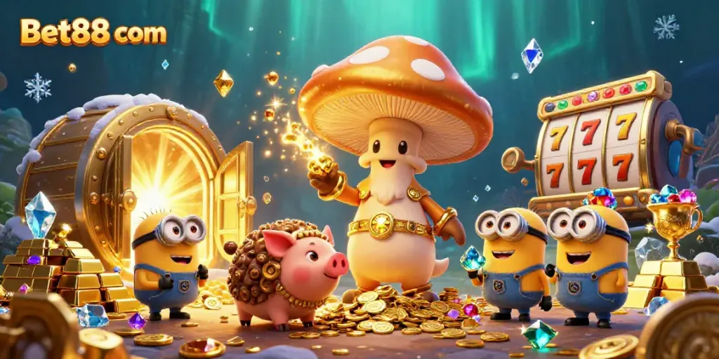 Engage with gaming magic at Bet88 com with a whimsical casino-themed artwork featuring golden treasure and mystical characters.