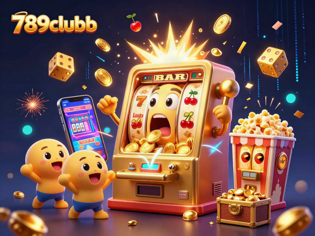 Experience the excitement of 789clubb as a joyful slot machine celebrates a jackpot amidst coins and casino games.